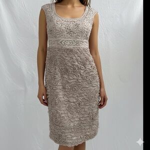 SUE WONG Couture Champagne Beaded Fringe Evening Cocktail Dress Size 8